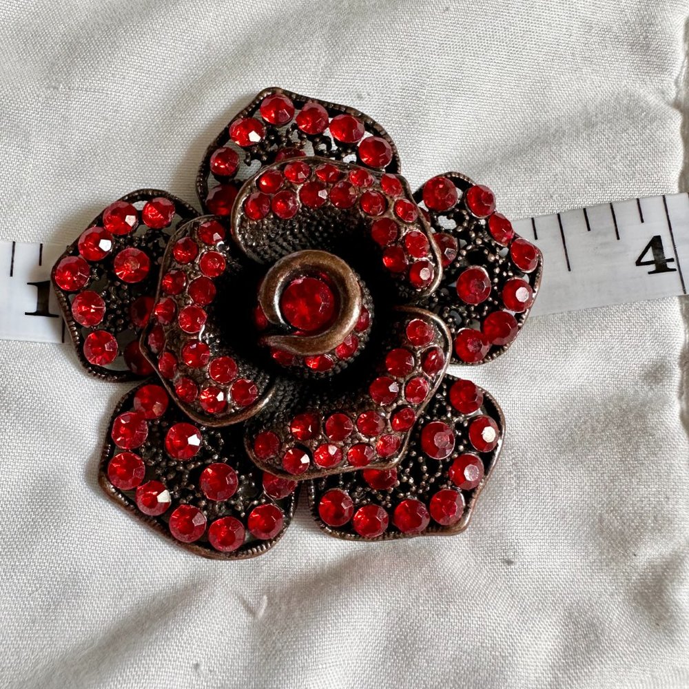 Large Dimensional Siam Red Rhinestone Flower Broo… - image 5